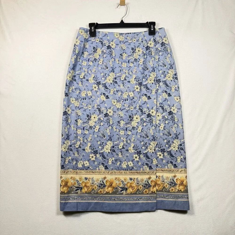 Talbots PetitesβFloral Linen Cotton Midi Skirt 14P Blue Yellow Border Print